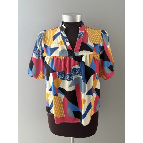 THML Blouse Size XS Geometric Print V-Neck Puff Sleeves Art to Wear Top Oversize - Picture 1 of 16